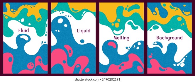 Melting vibrant waves pattern summer front pages. Bubble splashes and streams vector pack box covers. Fluid liquid flowing paint flyers. Wavy surface posters. Fluid droplets, melting shapes