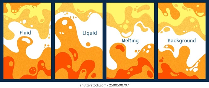 Melting vibrant waves pattern summer front pages. Bubble splashes and streams vector pack box covers. Fluid liquid flowing paint backgrounds. Wavy surface posters. Fluid droplets, melting shapes