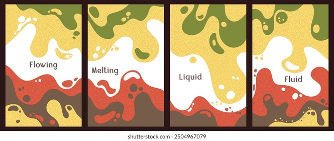 Melting vibrant waves pattern summer front pages. Bubble splashes and streams vector templates set. Fluid liquid flowing paint flyers. Wavy surface brochures. Fluid with bubbles, melting shapes