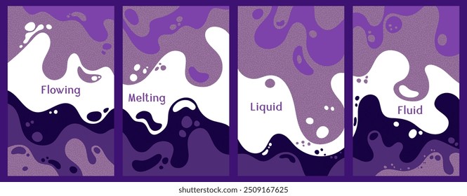 Melting vibrant waves pattern summer front pages. Bubble splashes and streams vector templates set. Fluid liquid flowing paint patterns. Wavy surface brochures. Fluid droplets, melting shapes