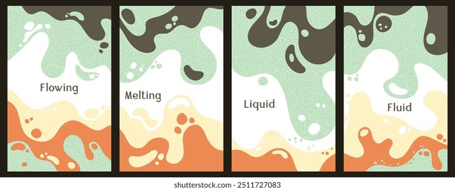 Melting vibrant waves pattern summer front pages. Bubble splashes and streams vector pack box covers. Fluid liquid flowing paint flyers. Wavy surface brochures. Fluid with bubbles, melting shapes