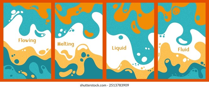 Melting vibrant waves pattern summer front pages. Bubble splashes and streams vector pack box covers. Fluid liquid flowing paint flyers. Wavy surface leaflets. Fluid droplets, melting shapes