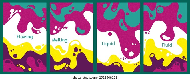 Melting vibrant waves pattern summer front pages. Bubble splashes and streams vector pack box covers. Fluid liquid flowing paint backgrounds. Wavy surface posters. Liquid bubbles, melting shapes