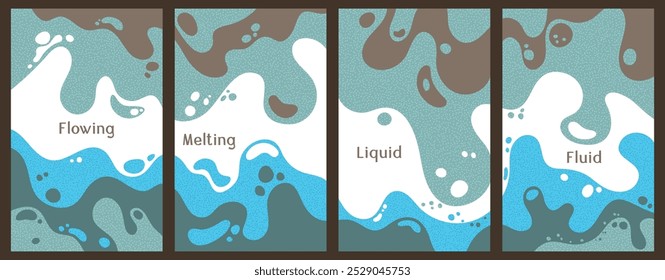 Melting vibrant waves pattern summer front pages. Bubble splashes and streams vector pack box covers. Fluid liquid flowing paint patterns. Wavy surface leaflets. Fluid with bubbles, melting shapes