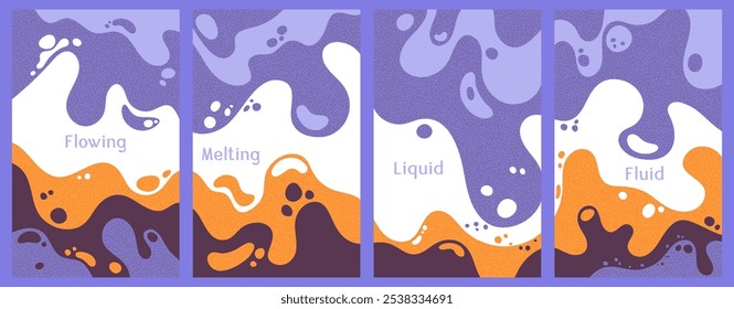 Fusión de vibrantes ondas patrón de las portadas de verano. Burbuja salpica y arroja Plantillas de Vector. Volantes de pintura fluidos. Folletos de superficie ondulada. Gotas líquidas, Formas de fusión