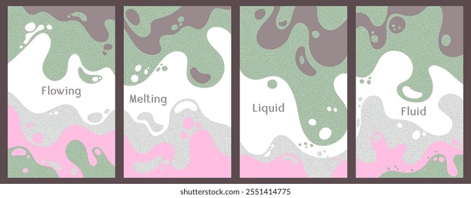 Melting vibrant waves pattern summer front pages. Bubble splashes and streams vector pack box covers. Fluid liquid flowing paint flyers. Wavy surface posters. Liquid droplets, melting shapes