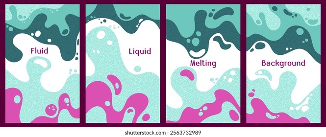 Melting vibrant waves pattern summer front pages. Bubble splashes and streams vector pack box covers. Fluid liquid flowing paint patterns. Wavy surface leaflets. Liquid droplets, melting shapes