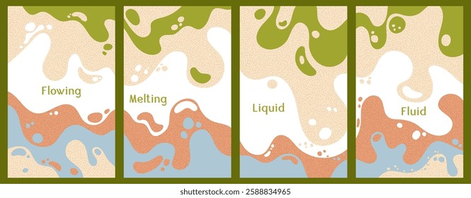 Melting vibrant waves pattern summer front pages. Bubble splashes and streams vector templates set. Fluid liquid flowing paint flyers. Wavy surface brochures. Fluid with bubbles, melting shapes