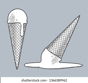 Melting Waffle Cone Ice Cream in retro style. Vintage stylized drawing. Vector illustration