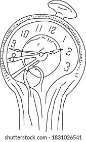 Melting watch black and white vector illustration