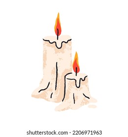 Melting Wax Candles With Glowing Fire Light. Memory Candlelights With Burning Flame, Lit Wicks. Cozy Decoration. Flat Vector Illustration Isolated On White Background