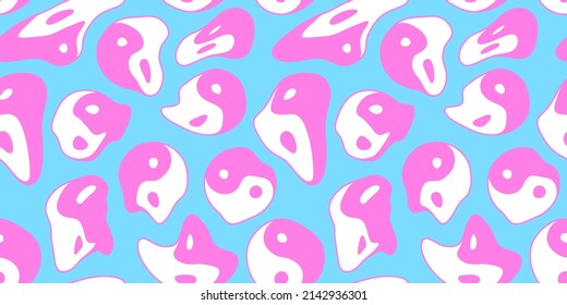Melting yin yang symbol colorful cartoon seamless pattern. Retro psychedelic drug effect melted yoga icon background texture. Trendy doodle wallpaper.