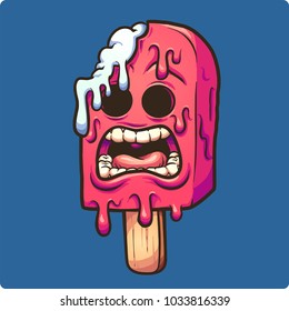 Melting zombie ice popsicle. Vector clip art illustration with simple gradients. Illustration and blue background on separate layers. 
