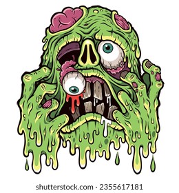 Melting Zombie Skull Horror Cartoon Illustration