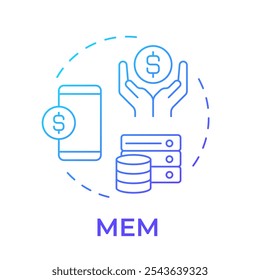 MEM blaues Farbverlauf-Konzept-Symbol. Mobile Spesenverwaltung. Datenkosten, Geschäft. Finanzen, Haushalt. Runde Liniendarstellung. Abstrakte Idee. Grafikdesign. Benutzerfreundlich in Infografik, Präsentation