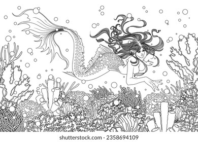 Memaid diving undersea line art illustration, doodle black and white