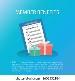 Member Benefits Concept. Member Benefits List With Present  Reward. EPS10 Vector Illustration.