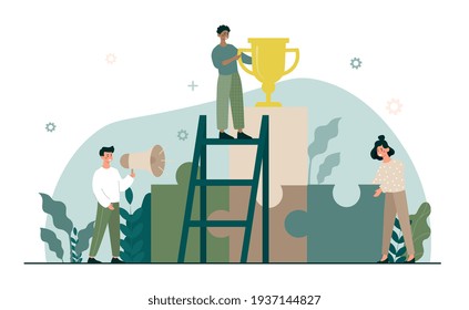 Member of business team holding golden trophy. Male and female characters assembling puzzle parts together. Concept of succes of teamwork, cooperation and partnership. Flat cartoon vector illustration