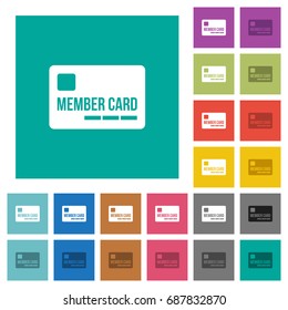 Member card multi colored flat icons on plain square backgrounds. Included white and darker icon variations for hover or active effects.