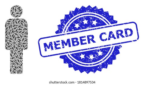Member Card unclean stamp seal and vector fractal composition person. Blue stamp seal has Member Card text inside rosette. Vector collage is made of scattered rotated person pictograms.