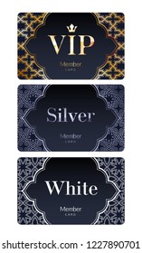 Member or discount cards with abstract background. Different cards categories - VIP, silver, white. Ornamental arabesque background - arabic style.