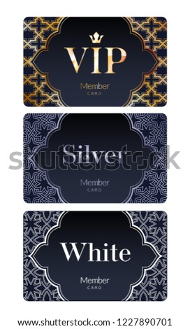 Member or discount cards with abstract background. Different cards categories - VIP, silver, white. Ornamental arabesque background - arabic style.