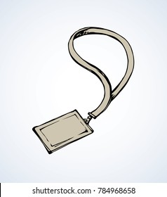 Member entry identify info license neck nametag backstage strap latch hang on white paper background. Line black ink hand drawing work picture icon note sketch in art cartoon graphic silhouette style