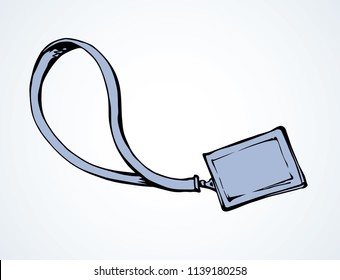 Member entry identify info message note neck nametag backstage latch hang isolated on white paper background. Black ink hand drawn convent picture logo sketch in doodle graphic silhouette style