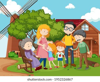 Member of family at farm house outdoor scene illustration