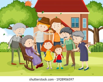 Member of family at home outdoor scene illustration