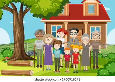 Member of family at home outdoor scene illustration