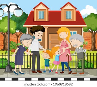 Member of family at home outdoor scene illustration