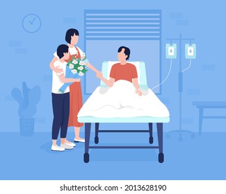 Member family at hospital flat color vector illustration. Patient emergency room. Family presence at bedside. Woman with son visiting husband 2D cartoon characters with hospital room on background