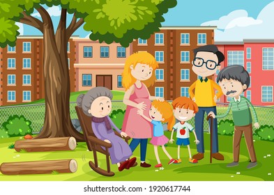 Member of family at the park outdoor scene illustration