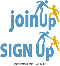 Member helps a person sign up to join a group company or website icons