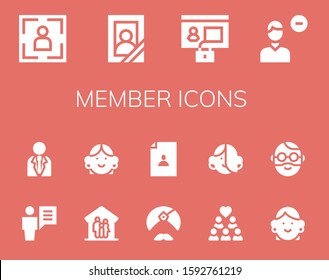 member icon set. 14 filled member icons.  Simple modern icons such as: Portrait, Profile, Remove user, User, Businessman, Family, Avatar, Man, Group