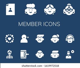 member icon set. 14 filled member icons. Included User, Avatar, Man, Group, Login, Add user icons