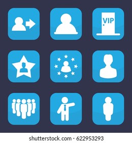 Member icon. set of 9 filled member icons such as businessman, favourite user, vip door, group, user surrounded by stars