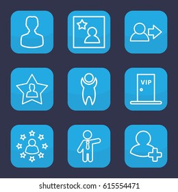 Member icon. set of 9 outline member icons such as businessman, add friend, favourite user, favorite photo, vip door, user, man