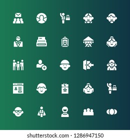 member icon set. Collection of 25 filled member icons included Person, Group, User, Businessman, Avatar, Businesswoman, Vip pass, Login, Add user, Family, Man, Portrait, Register