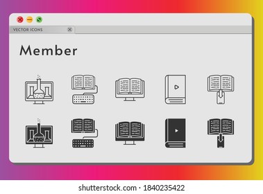 member icon set. included chemistry, ebook, homework icons on white background. linear, filled styles.