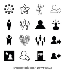 Member icons. set of 16 editable filled and outline member icons such as user, group, favorite photo, vip door, user bulb, man, add friend