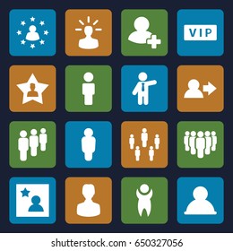 Member icons set. set of 16 member filled icons such as vip, businessman, add friend, favourite user, favorite photo, user bulb, group
