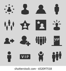 Member icons set. set of 16 member filled icons such as vip, add friend, favourite user, favorite photo, vip door, user bulb, group