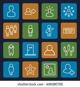 Member icons set. set of 16 member outline icons such as vip, businessman, add friend, favourite user, favorite photo, vip door, user bulb, man