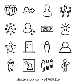 Member icons set. set of 16 member outline icons such as vip, businessman, add friend, favourite user, favorite photo, vip door, user bulb, man