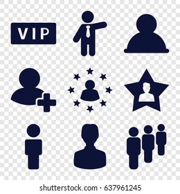 Member icons set. set of 9 member filled icons such as vip, businessman, add friend, favourite user, group, user surrounded by stars