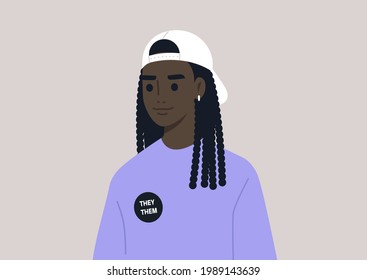 A member of the LGBTQ community wearing a pin with their pronouns, LGBT pride theme