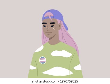 A member of the LGBTQ community wearing a transgender pin, LGBT pride theme