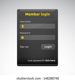 Member login box with username and password labels | sign up | dark theme template | business vector design | golden and white | web elements set 
